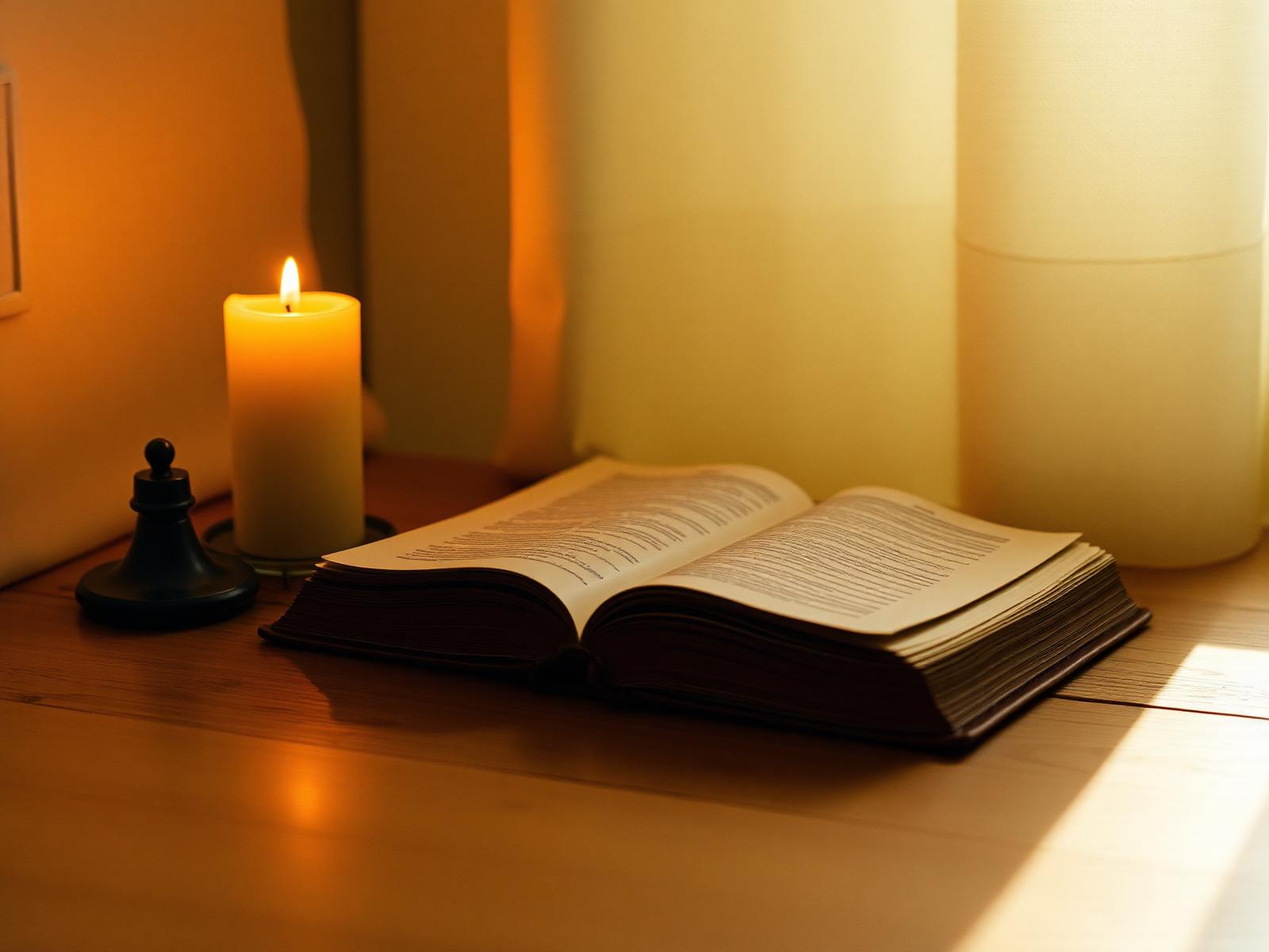 Diario abierto iluminado por una vela y luz de la mañana